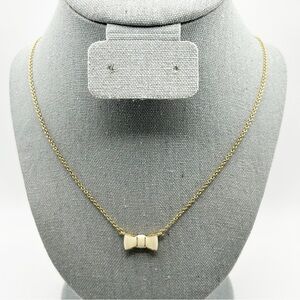 Kate Spade Gold Tone Chain with White Enamel Bow Ribbon Charm Short Necklace 19"